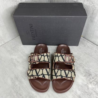 Valentino Garavani VLogo Toile Iconographe Double-Strap Sandals "Beige-Brown-Black"