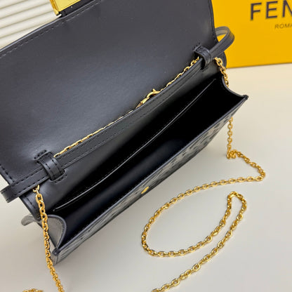 Fendi Tube Wallet On Chain "Black Nappa Leather Wallet with FF Motif"