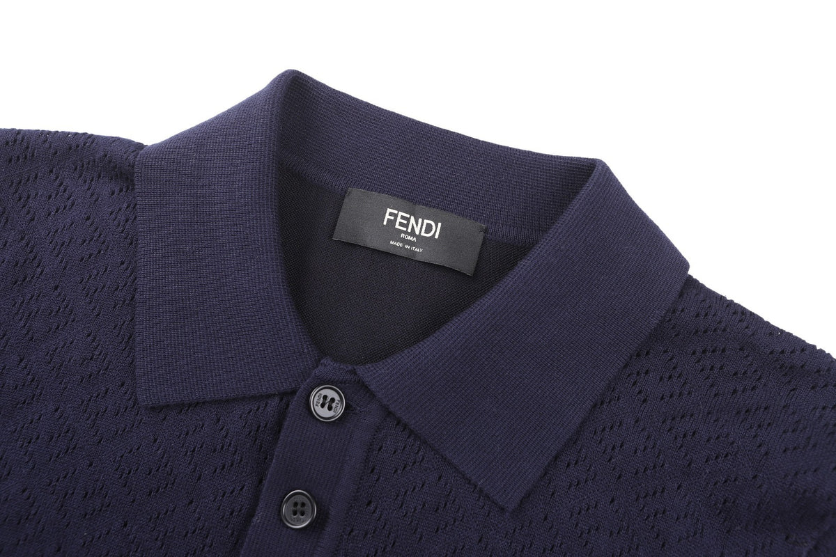 Fendi Cotton and Viscose Tricot Polo Shirt "Dark Blue"