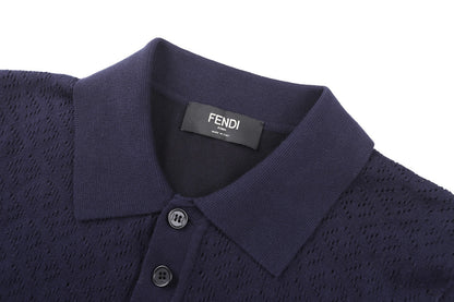 Fendi Cotton and Viscose Tricot Polo Shirt "Dark Blue"