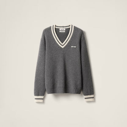 Miu Miu Wool and Cashmere V-neck Sweater "Grey"