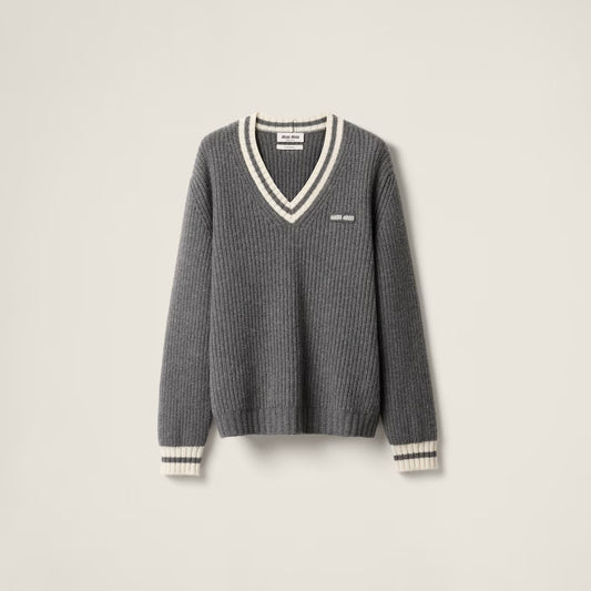 Miu Miu Wool and Cashmere V-neck Sweater "Grey"