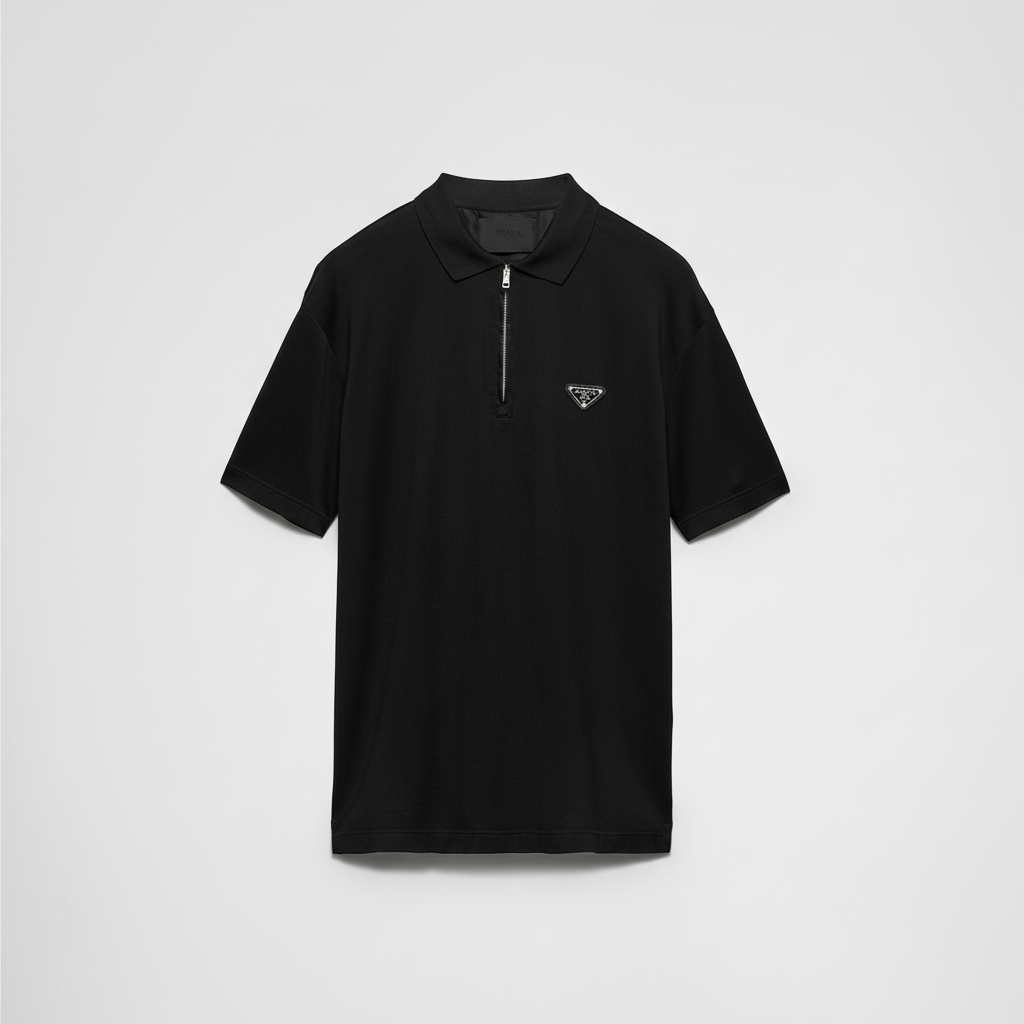 Prada Piqué Polo T-Shirt with Re-Nylon Details "Black"
