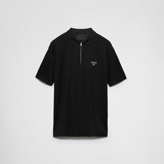 Prada Piqué Polo T-Shirt with Re-Nylon Details "Black"