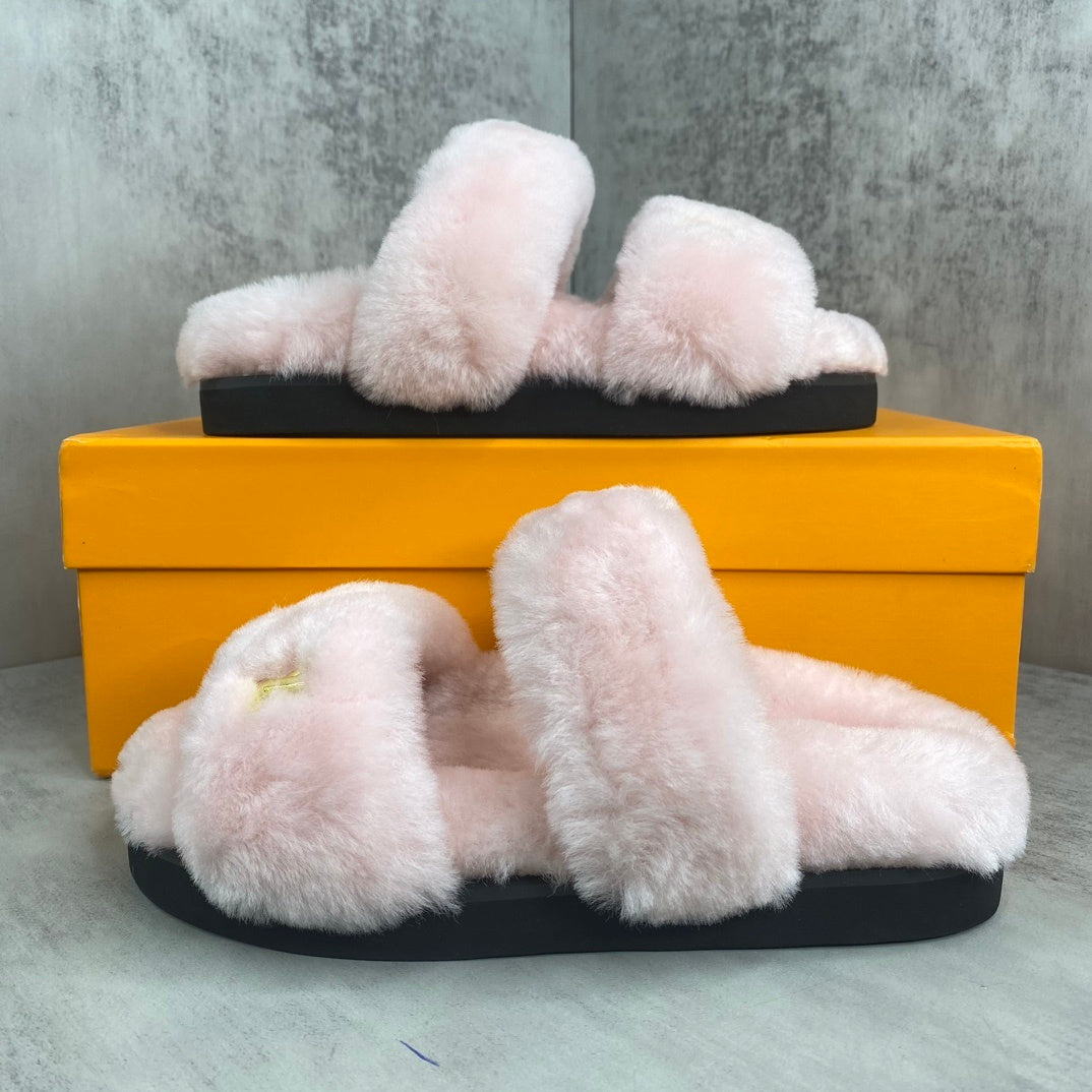 Louis Vuitton Sunset Comfort Nude Shearling Flat Mules "Pink"