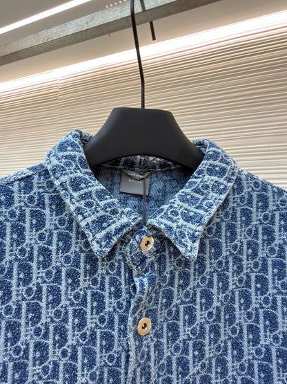 Dior Oblique Short-Sleeved Shirt "Blue Spongy Cotton-Blend Twill"