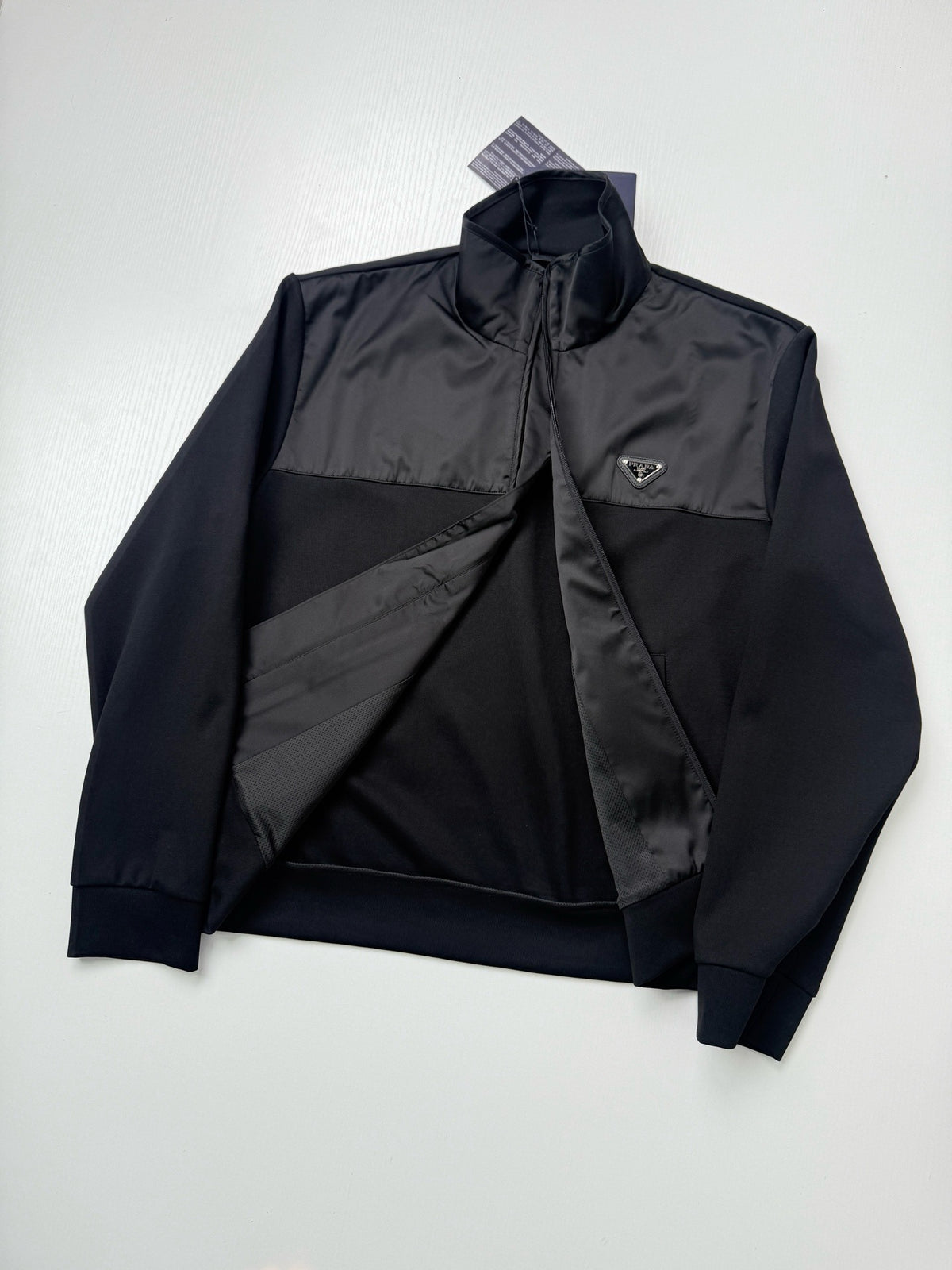 Prada Cotton Fleece Zipper Jacket with Re-Nylon Details "Black"