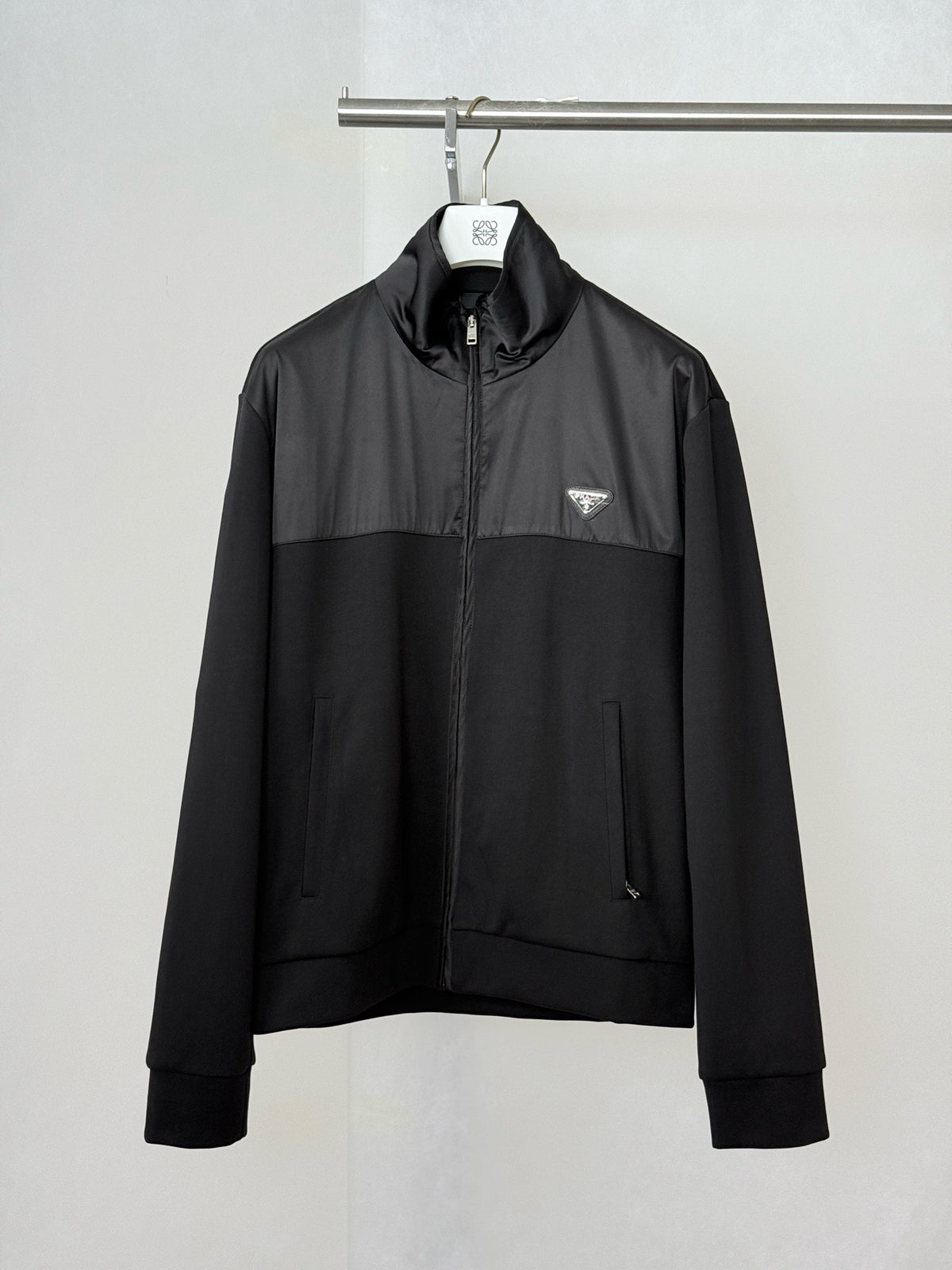 Prada Cotton Fleece Zipper Jacket with Re-Nylon Details "Black"