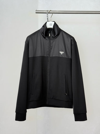 Prada Cotton Fleece Zipper Jacket with Re-Nylon Details "Black"