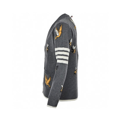 Thom Browne 4-Bar Bees and Birds Cardigan "Grey"