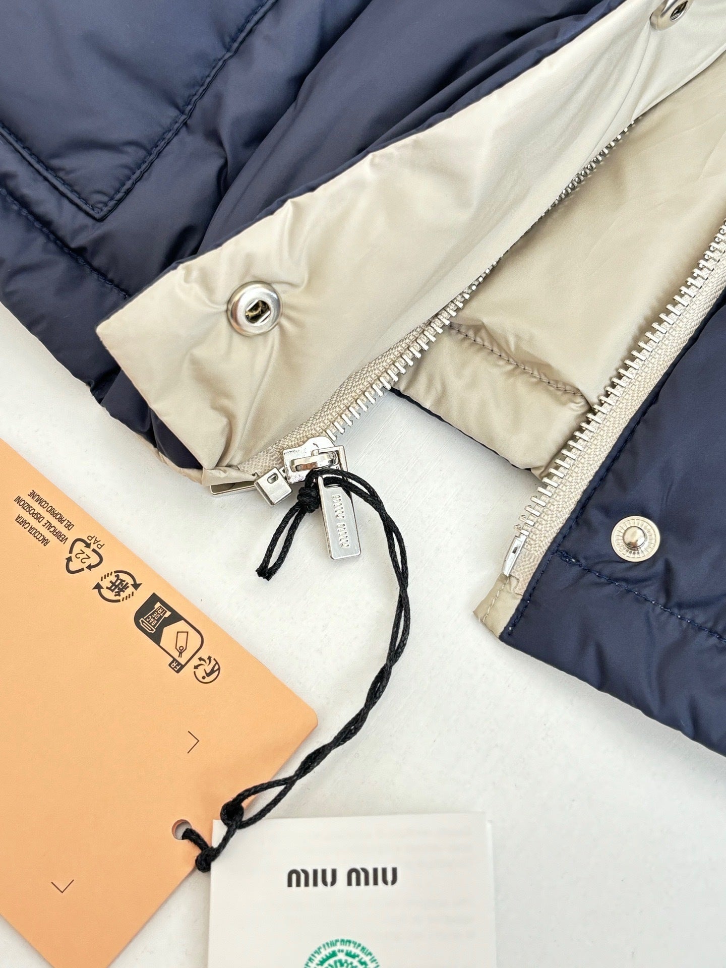 Miu Miu Reversible Technical Pongé Down Jacket "Beige/Blue"