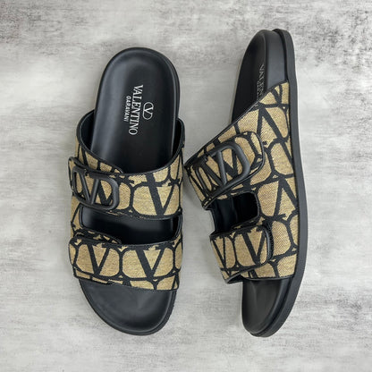 Valentino Garavani VLogo Toile Iconographe Double-Strap Sandals "Beige-Black"