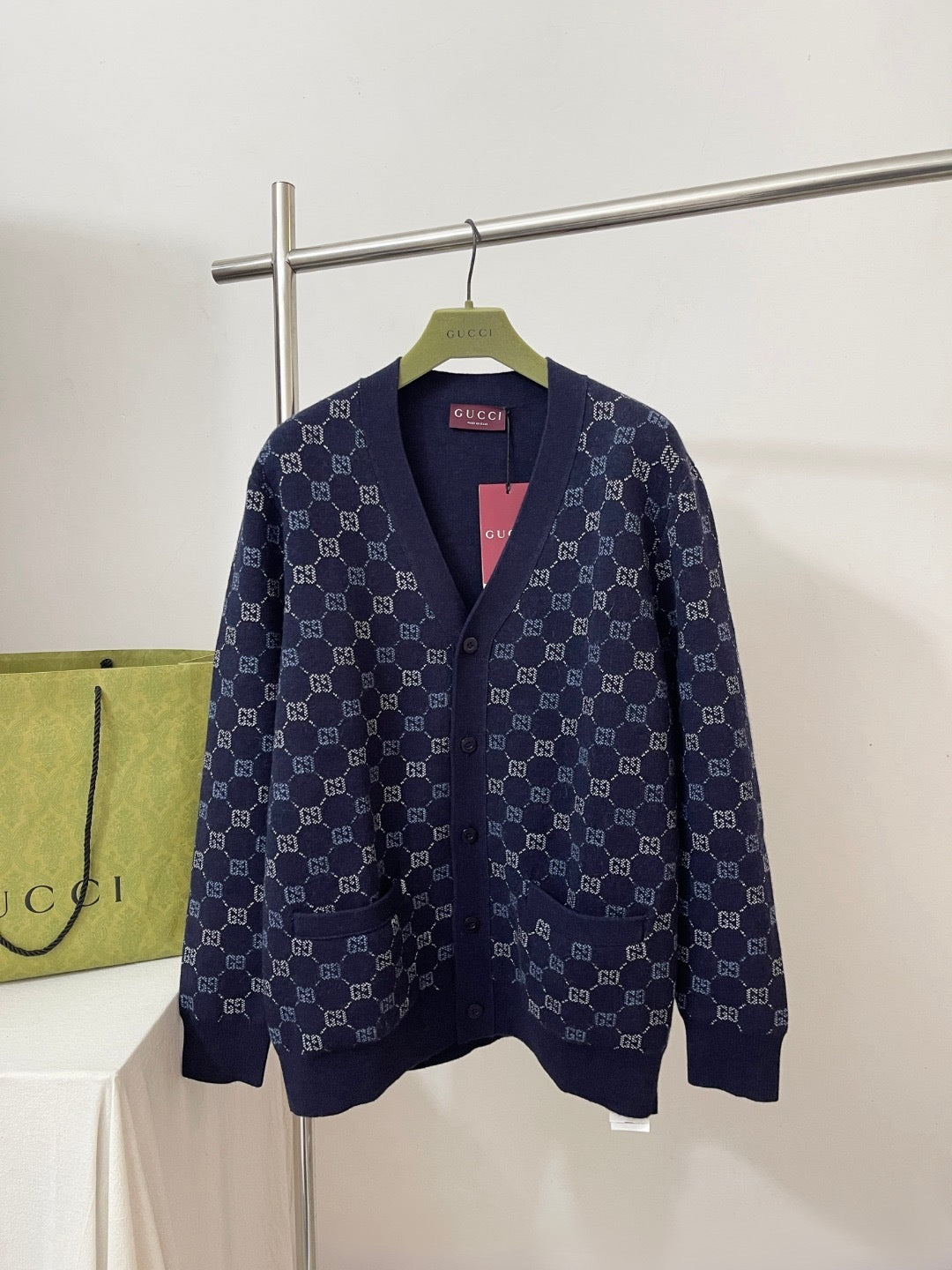 Gucci GG Double Wool Knit Cardigan "Dark Blue"