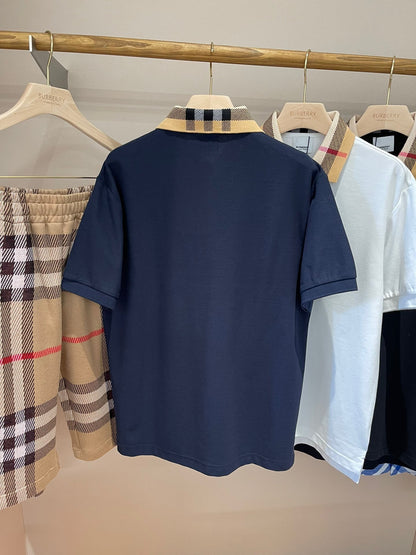 Burberry Check Collar Cotton Polo Shirt "Smoked Navy"