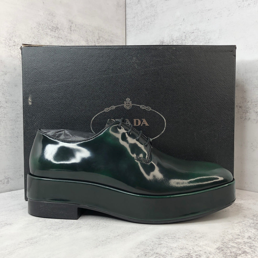 Prada Brushed Leather Derby Shoes "Green-Black"