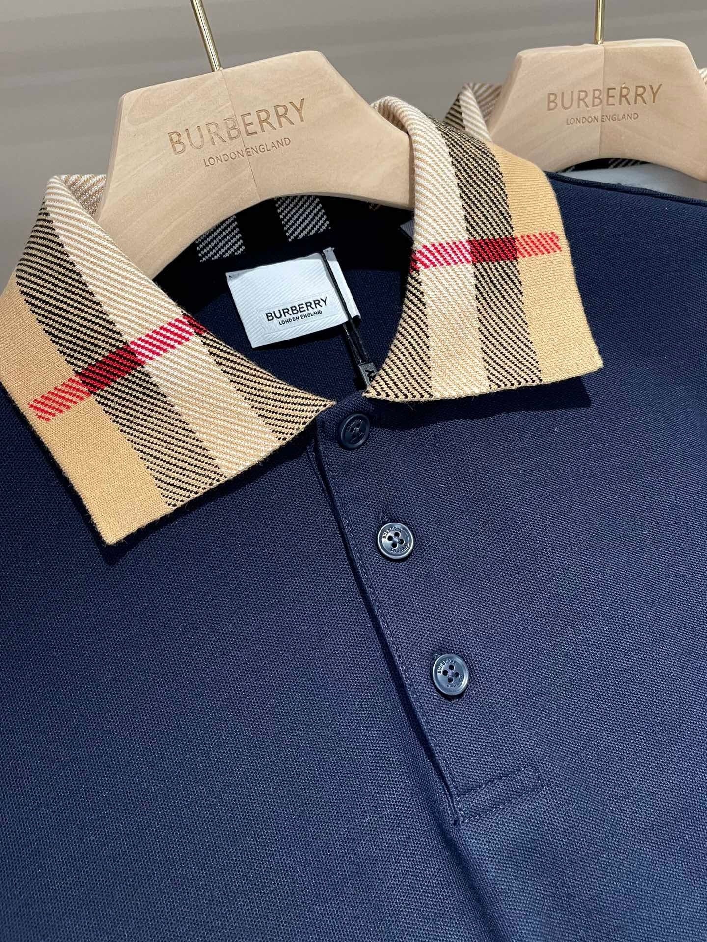 Burberry Check Collar Cotton Polo Shirt "Smoked Navy"