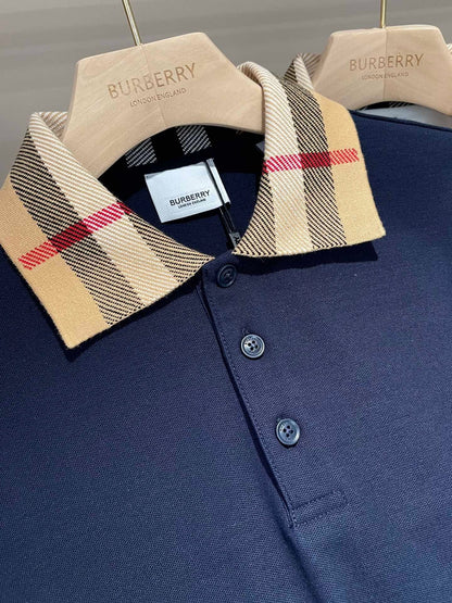 Burberry Check Collar Cotton Polo Shirt "Smoked Navy"