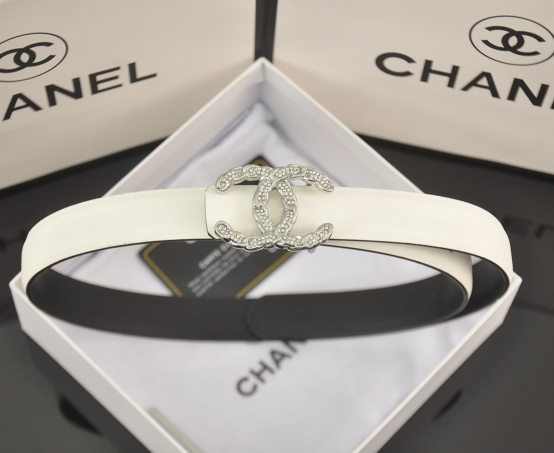 Chanel Leather Belt "White-Silver"