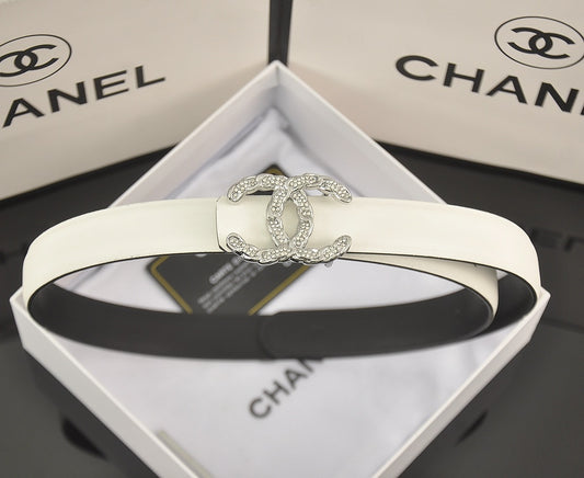 Chanel Leather Belt "White-Silver"