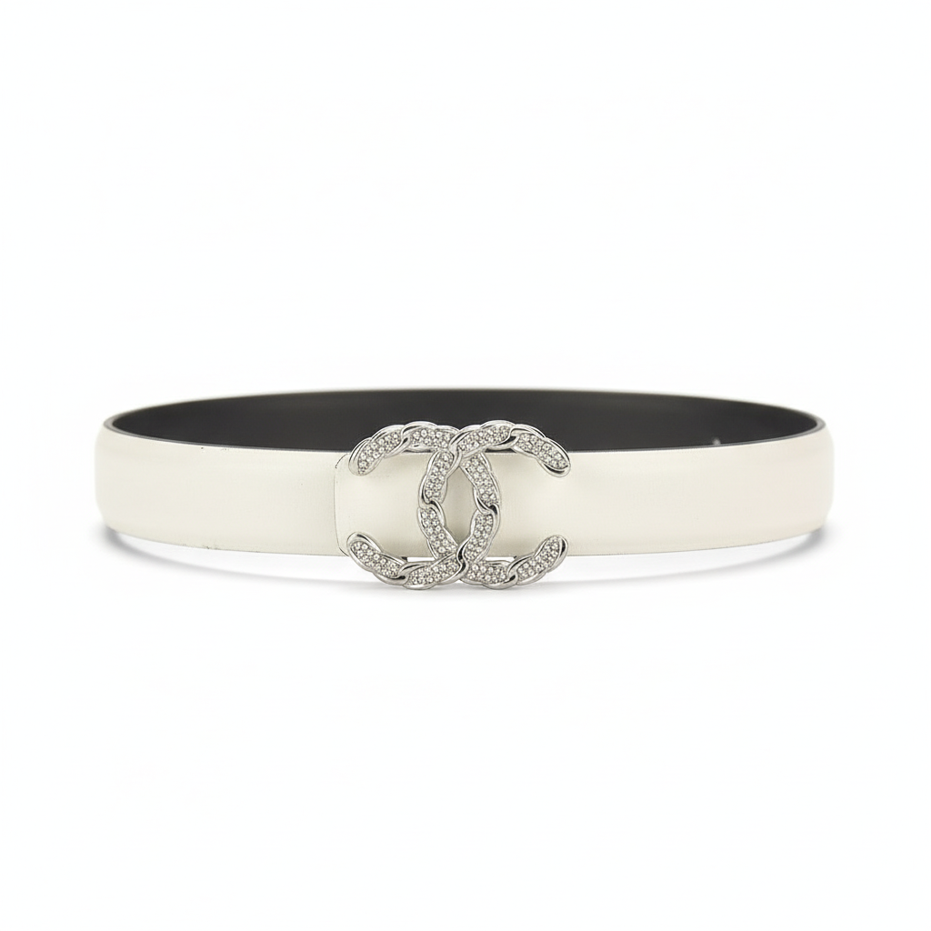 Chanel Crystal CC Leather Belt "White-Silver"