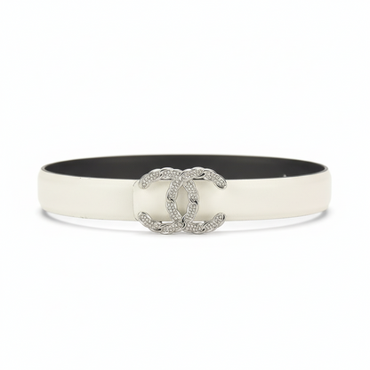 Chanel Crystal CC Leather Belt "White-Silver"