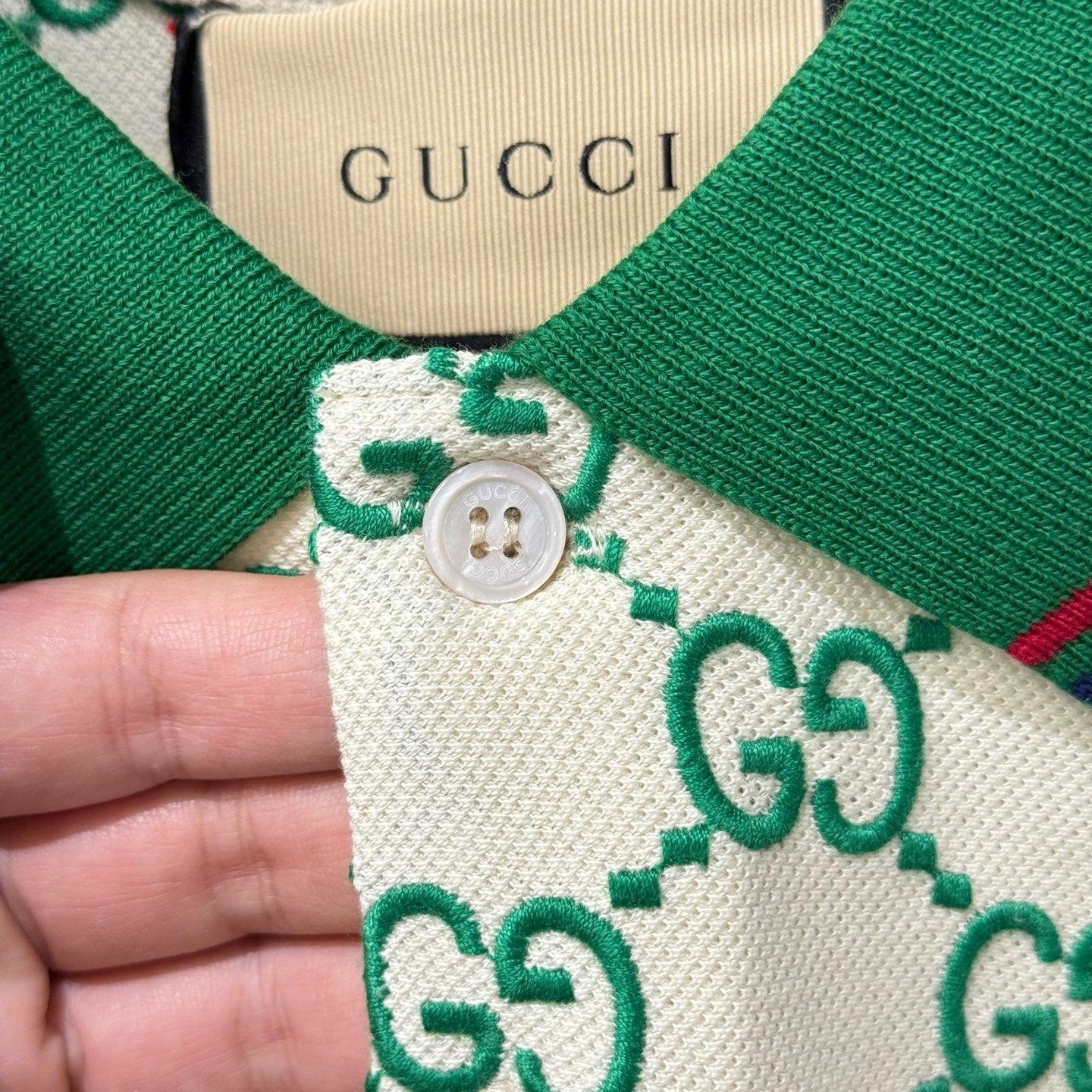 Gucci GG Embroidered Cotton Polo T-Shirt "Off White-Green"