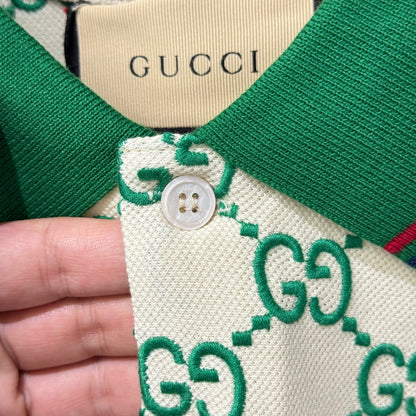 Gucci GG Embroidered Cotton Polo T-Shirt "Off White-Green"