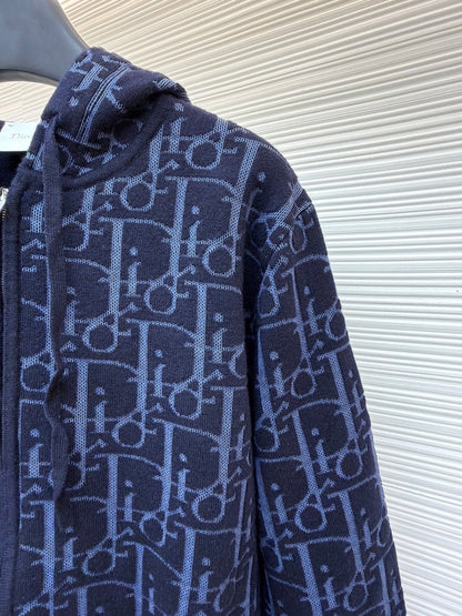 Dior Hooded Zip-up Cardigan "Navy Blue Dior Oblique Wool Blend Jacquard"