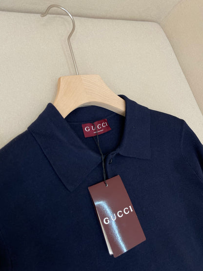 Gucci Silk Cotton Knit Polo Shirt "Navy"