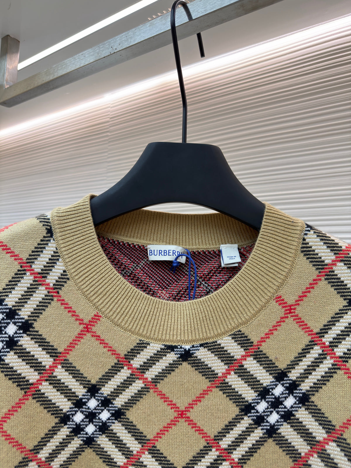 Burberry Check Cotton Wool Sweater "Sand Beige"