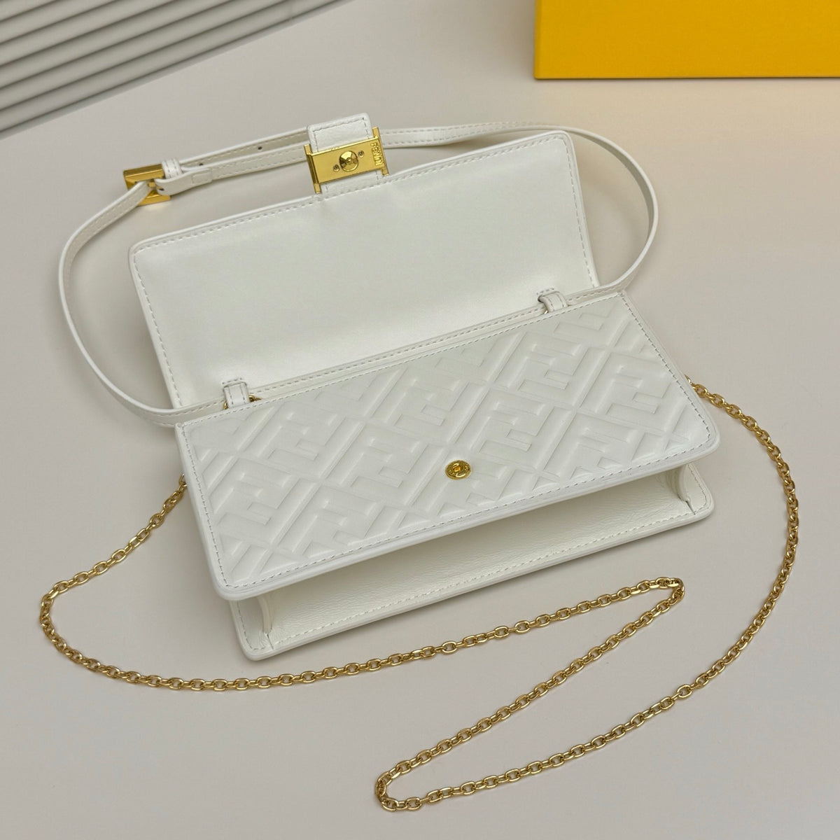 Fendi Tube Wallet On Chain "White Nappa Leather Wallet with FF Motif"