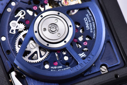 Hublot Square Bang Unico 42mm Rose Gold Blue Rubber Strap Skeleton Dial