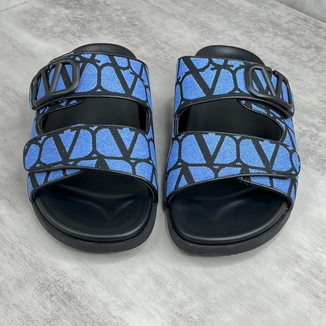 Valentino Garavani VLogo Toile Iconographe Double-Strap Sandals "Blue-Black"