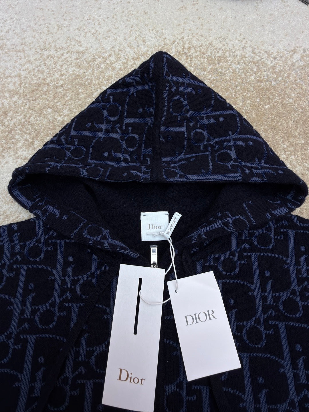 Dior Hooded Zip-up Cardigan "Navy Blue Dior Oblique Wool Blend Jacquard"