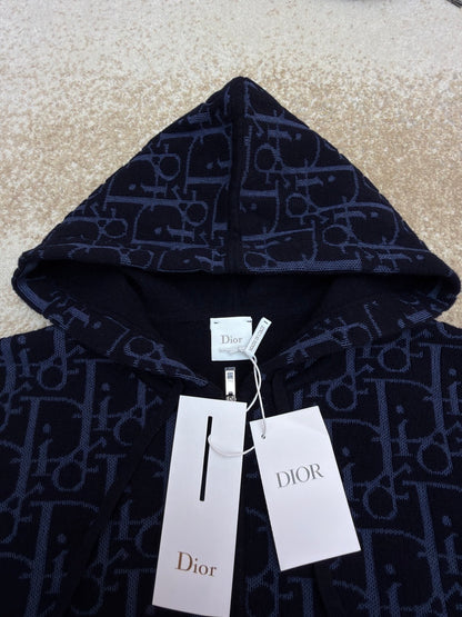 Dior Hooded Zip-up Cardigan "Navy Blue Dior Oblique Wool Blend Jacquard"