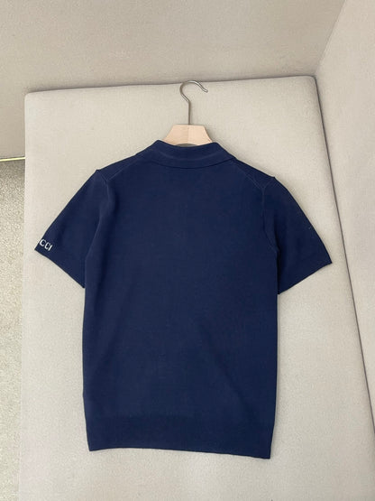 Gucci Silk Cotton Knit Polo Shirt "Navy"