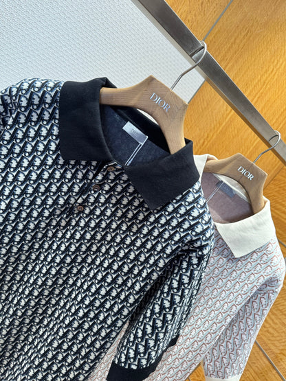 Dior Oblique Polo Shirt "Black , White and Blue Cotton Jacquard"