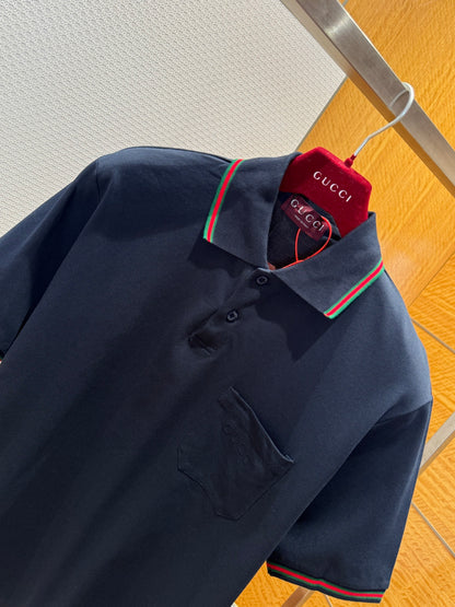Gucci Embroidered Stretch Cotton Polo T-Shirt "Dark Blue"