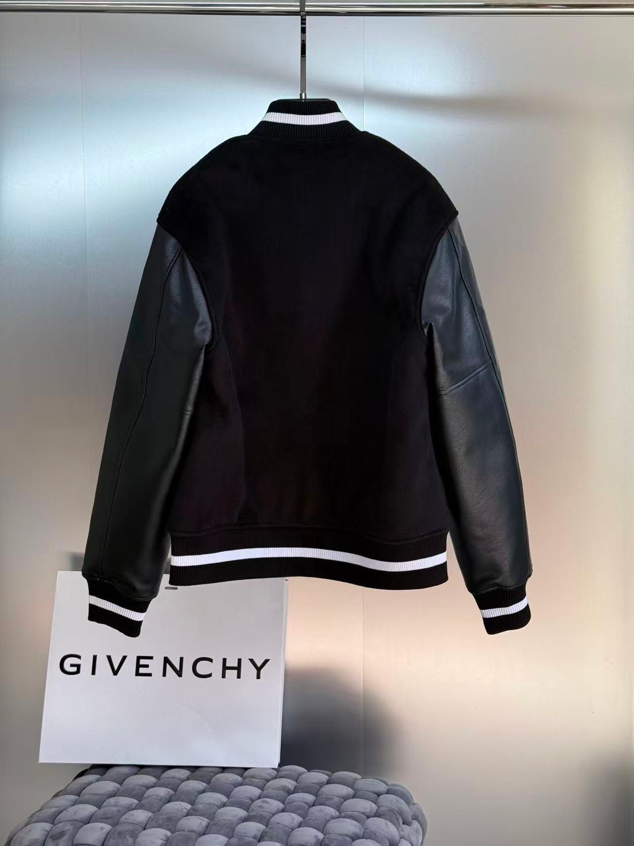 Givenchy 4G Motif Brushed Wool Blend and Leather Varsity Jacket "Black"
