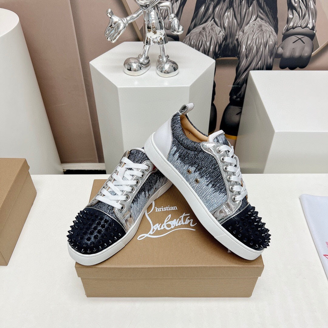 Chrisitian Louboutin Louis Junior Spikes Orlato Flat "Blue Ivoire"