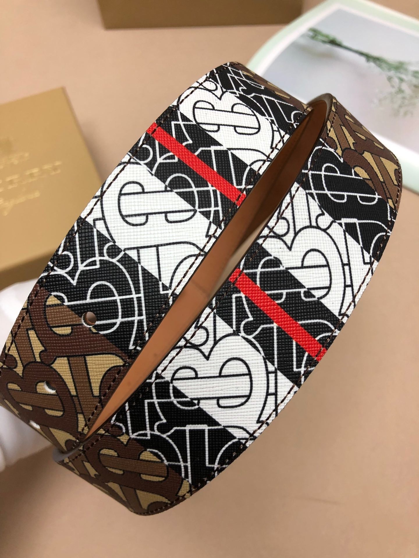 Burberry Monogram 35mm Stripe E-canvas and Leather Belt "Bridle Brown"
