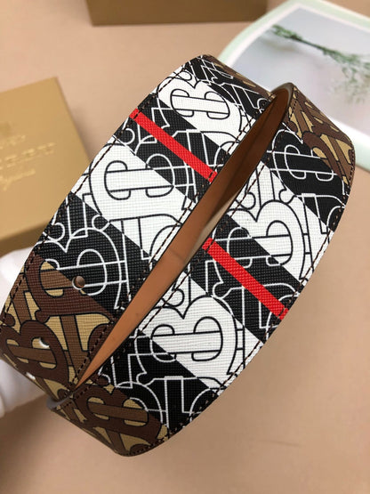 Burberry Monogram 35mm Stripe E-canvas and Leather Belt "Bridle Brown"