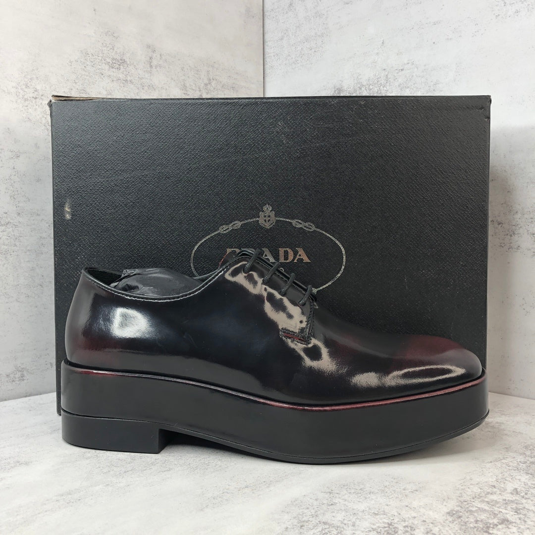 Prada Brushed Leather Derby Shoes "Red-Black"