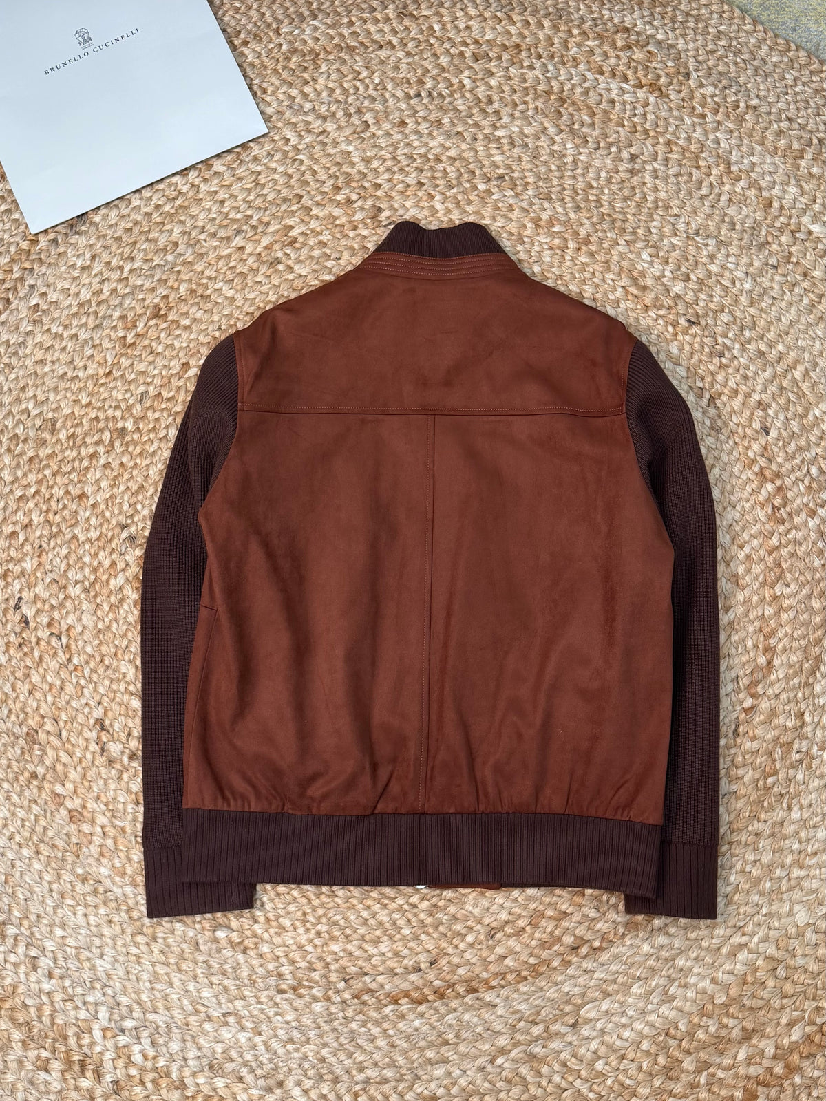 Brunello Cucinelli Suede and Wool Knit Bomber Jacket "Cognac"