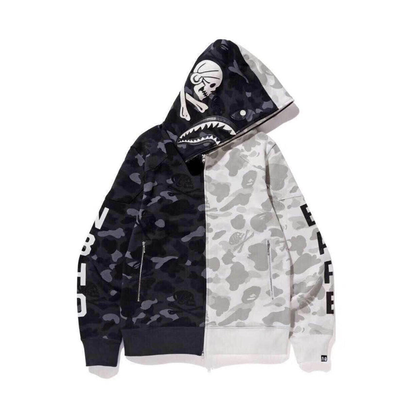 BAPE x Neighborhood Split Camo Shark Full Zip Hoodie "Black/White"