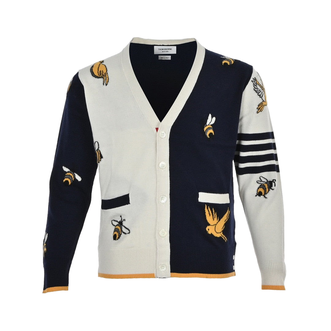 Thom Browne 4-Bar Bees and Birds Cardigan "Navy Blue/White"