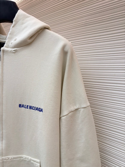 Balenciaga Logo Embroidered Distressed Zip-up Hoodie "White-Blue"