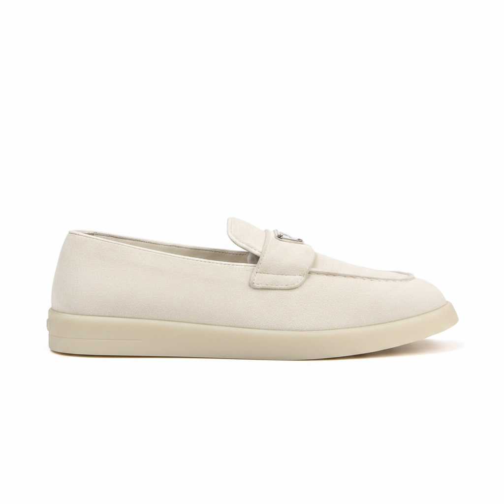 Prada Logo-Plaque Suede Loafers "White"