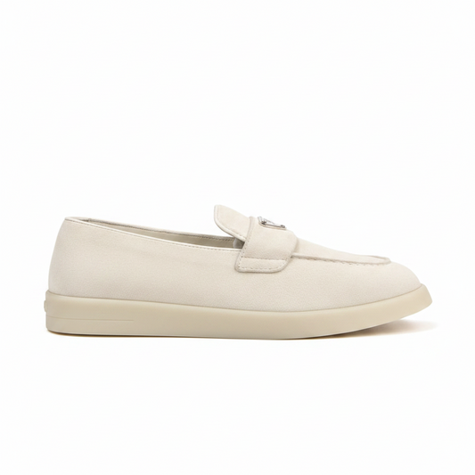 Prada Logo-Plaque Suede Loafers "White"
