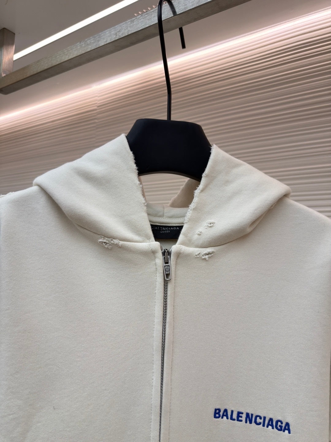 Balenciaga Logo Embroidered Distressed Zip-up Hoodie "White-Blue"